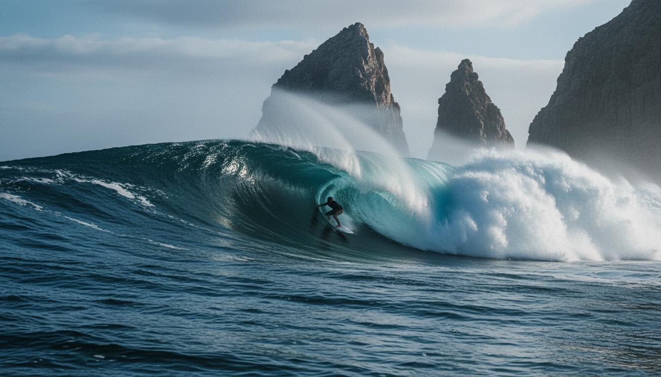 Cathedral surf break with steeper wave sections